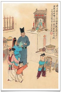An old painting depicting household offering sweet teas and sweet cakes to the Kitchen God just before Chinese New Year.